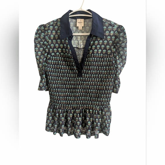 Maeve Anthropologie Short-Sleeve Smocked Polo Top Navy Floral Boho Preppy SZ M - Picture 3 of 9